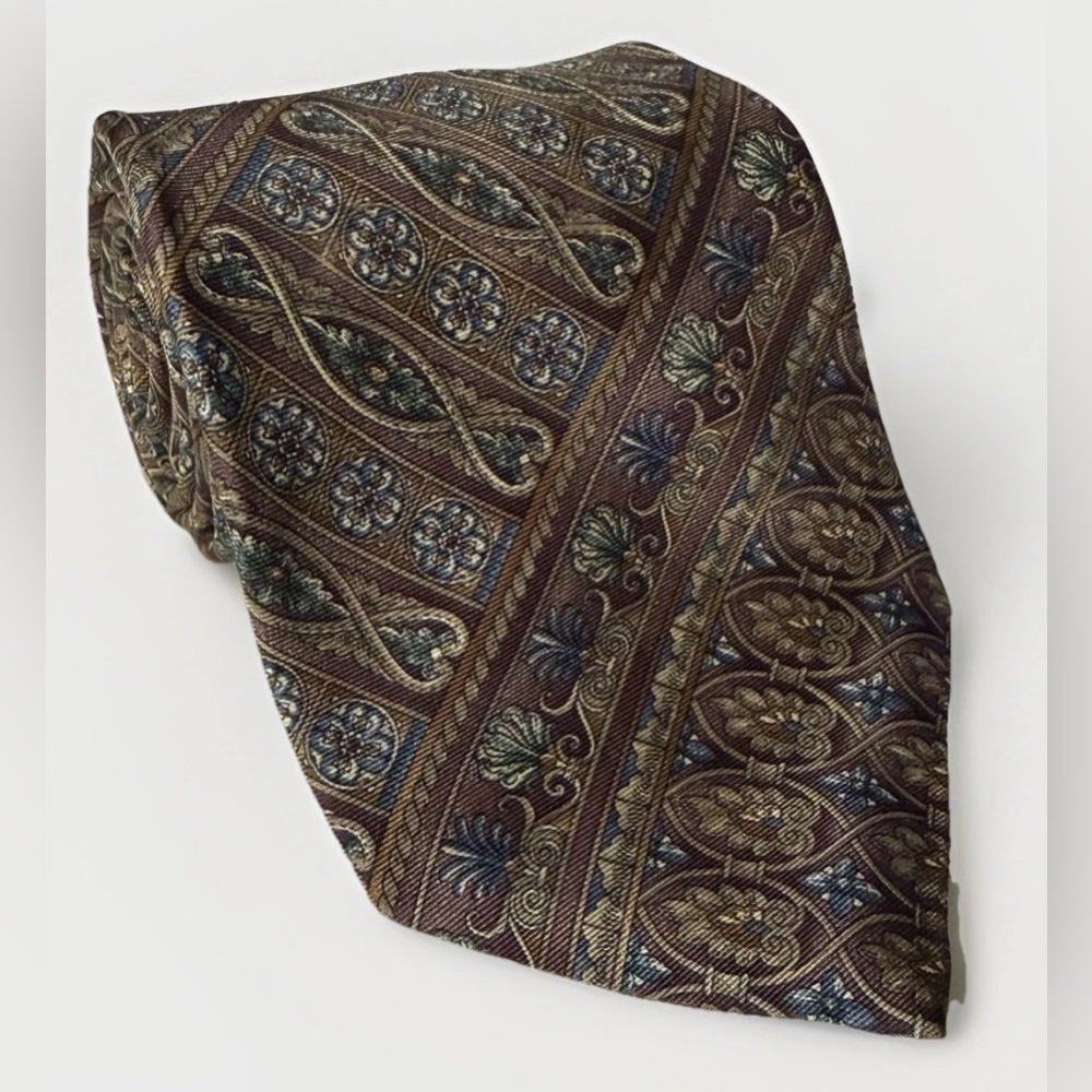 Christian Dior Floral Silk Tie Brown Blue Geometric Preppy Office Necktie